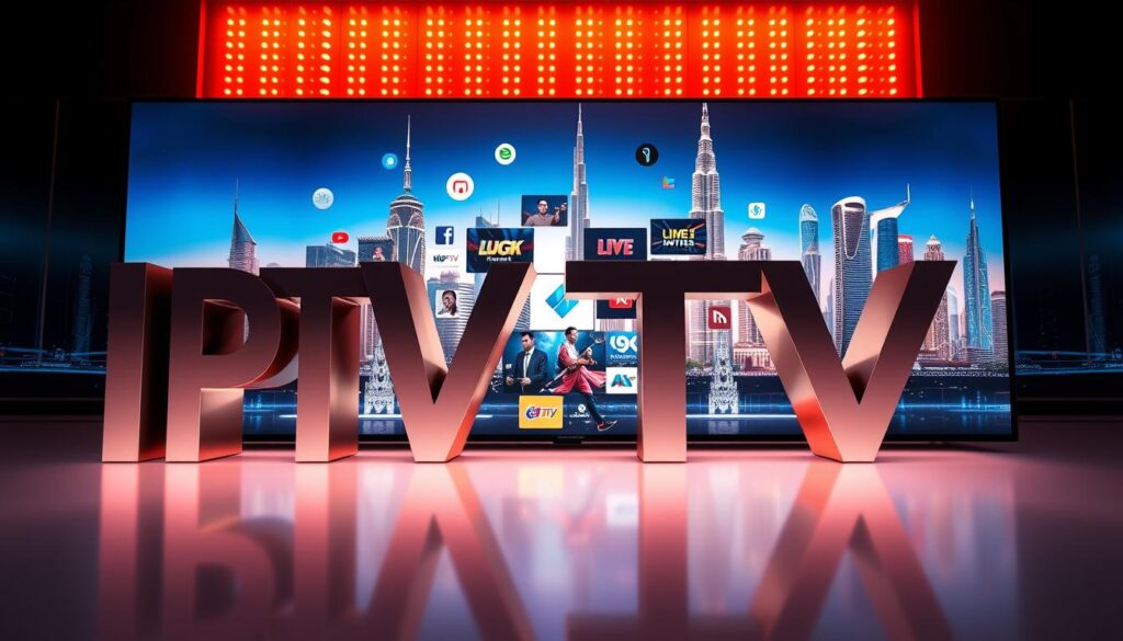 A vibrant, high-definition image showcasing the key features of an IPTV subscription in Dubai. Prominent in the foreground is the bold, dynamic "IPTV DUBAI" branding, rendered in sleek 3D typography with a subtle metallic sheen. In the middle ground, a collage of icons and graphics illustrate the service's offerings - live TV channels, on-demand content, and advanced features like pause/rewind functionality. The background depicts a futuristic cityscape, with skyscrapers and landmarks of Dubai's iconic skyline, bathed in warm, saturated lighting that evokes a sense of sophistication and technological prowess. The overall composition conveys a premium, cutting-edge IPTV experience tailored for the discerning Dubai consumer.