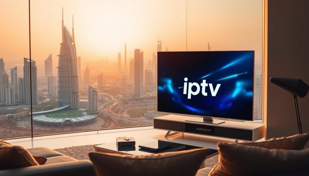 A vibrant, seamless entertainment landscape in the UAE, captured through a cinematic lens. In the foreground, a sleek, modern living room with a state-of-the-art IPTV system displaying the "iptv dubai" brand, immersing viewers in a world of endless entertainment. The middle ground features a bustling cityscape, with towering skyscrapers and lush greenery, reflecting the country's forward-thinking vision. The background showcases the iconic architecture and landmarks that have become synonymous with the UAE, bathed in warm, golden light. This image conveys the ultimate in convenient, high-quality entertainment, seamlessly integrated into the fabric of daily life.