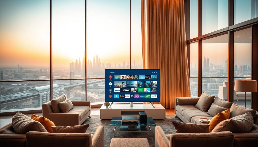A vibrant, visually striking image of "iptv dubai" showcasing an elegant modern living room. The foreground features a sleek, minimalist smart TV displaying a diverse range of content, surrounded by premium home entertainment devices. The middle ground depicts a stylish, well-appointed sitting area with plush, comfortable seating. The background showcases a panoramic view of the Dubai skyline through floor-to-ceiling windows, bathed in warm, golden lighting. The composition evokes a sense of luxury, sophistication, and the seamless integration of cutting-edge technology into contemporary living.