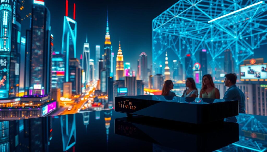 A vivid futuristic cityscape with towering skyscrapers, holographic displays, and a bustling metropolis illuminated by neon lights. In the foreground, a sleek, minimalist IPTV device commands the viewer's attention, its glossy surface reflecting the vibrant urban landscape. The middle ground features a group of people immersed in a virtual world, their faces lit by the glow of their IPTV screens. In the background, a vast, seamless network of data streams and interconnected devices symbolizes the seamless integration of IPTV technology into the modern digital landscape. The overall mood is one of technological advancement, connectivity, and the boundless possibilities of IPTV. iptv dubai