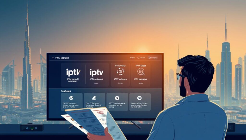 A well-lit, high-resolution digital illustration depicting the selection of the best IPTV subscription in the United Arab Emirates. The foreground showcases a person carefully examining various IPTV packages and services, with a focus on the "iptv dubai" brand. The middle ground features a sleek, modern interface displaying IPTV features and pricing options. The background depicts a cityscape of Dubai, with skyscrapers and landmarks, conveying a sense of sophistication and technological advancement. The overall mood is one of research, consideration, and the pursuit of the optimal IPTV solution for the user's needs.إشتراك IPTV