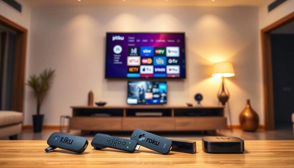 A well-lit, modern living room with a sleek entertainment center showcasing an assortment of popular streaming devices. In the foreground, a variety of devices such as a Roku, Fire TV Stick, Apple TV, and "iptv dubai" box sit neatly arranged, their logos and designs clearly visible. The middle ground features a television mounted on the wall, displaying a selection of app icons and streaming platform logos. The background depicts a minimalist, yet stylish room design with neutral tones, warm lighting, and subtle accents that complement the technological focus of the scene. The overall atmosphere conveys a sense of thoughtful curation and the ability to easily navigate the world of streaming entertainment.