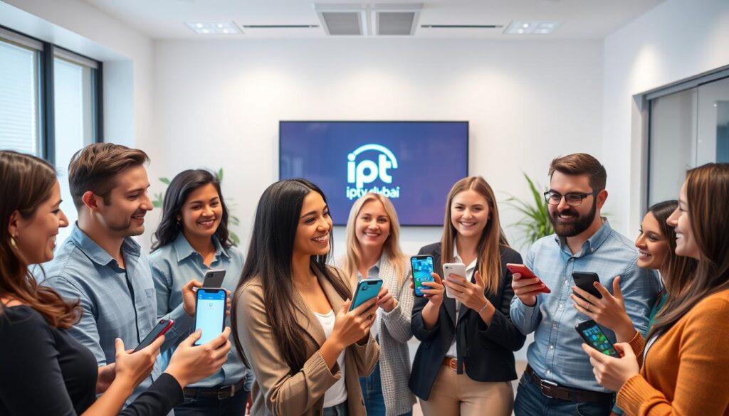 A well-lit, modern office space with a minimalist design. In the foreground, a group of satisfied customers holding smartphones and sharing their positive experiences with a streaming app. Their expressions convey a sense of enthusiasm and contentment. In the middle ground, a large flatscreen TV displays customer testimonials in an elegant, easy-to-read format. The background features a subtle iptv dubai logo, subtly reinforcing the app's quality and reliability. The overall atmosphere is professional, inviting, and visually appealing, capturing the essence of "Expert Insights and User Experiences" for the article.