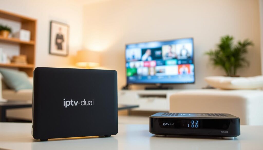 A well-lit room with a modern entertainment setup. In the foreground, an IPTV box and a traditional cable TV box stand side by side, highlighting their distinct designs and features. The IPTV box, labeled "iptv dubai", showcases its sleek, minimalist aesthetic, while the cable box has a more conventional, boxy appearance. In the middle ground, a flat-screen TV displays content, emphasizing the visual quality and connectivity of the two devices. The background depicts a cozy living room setting, with warm lighting and a stylish decor, creating a comfortable and inviting atmosphere for enjoying the entertainment experience.