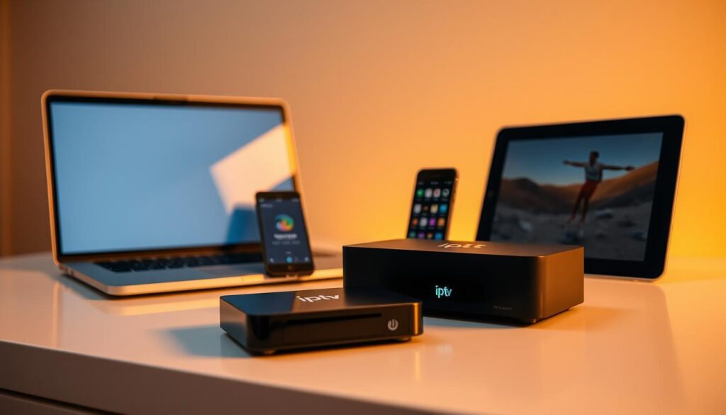 An array of modern electronic devices arranged neatly on a sleek, minimalist tabletop. A laptop, smartphone, tablet, and streaming box prominently displayed, showcasing the versatile compatibility of "iptv dubai" across a range of platforms. Warm, indirect lighting illuminates the scene, creating a sense of sophistication and seamless integration. The devices are captured at a slight angle, emphasizing their streamlined design and highlighting the user-friendly experience. The background is a clean, neutral backdrop, allowing the technology to take center stage and convey the message of reliable, cross-device functionality.