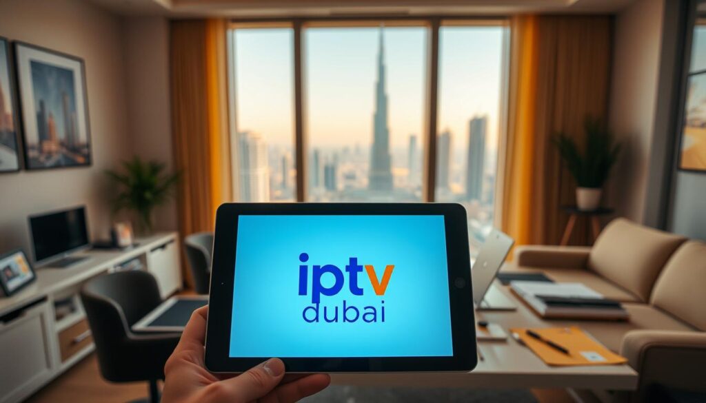 An interior scene of a modern home office in Dubai, United Arab Emirates. In the foreground, a tablet or mobile device displays the "iptv dubai" brand prominently on the screen, showcasing the IPTV service available in the region. The middle ground features a desk with a laptop, papers, and other office supplies, suggesting the practical application of IPTV technology in a professional context. The background depicts a large window overlooking the iconic Dubai skyline, with the Burj Khalifa visible in the distance, establishing the distinct UAE setting. The lighting is warm and natural, creating a comfortable and inviting atmosphere for the IPTV experience,IPTV PROVIDER