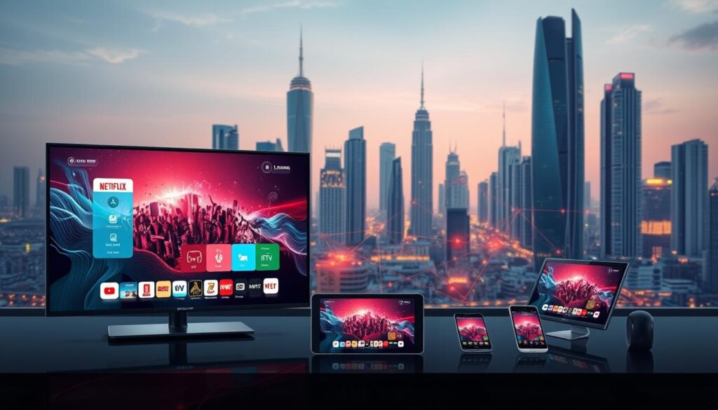 An intricately detailed digital illustration showcasing IPTV technology in a modern and sleek visual style. In the foreground, a high-resolution display depicts a crisp, vibrant user interface with intuitive controls, highlighting the seamless streaming experience. In the middle ground, a network of interconnected devices, including smart TVs, tablets, and smartphones, illustrate the versatility of IPTV, allowing users to access content on multiple platforms. The background features a cityscape with skyscrapers, representing the urban setting where iptv dubai services are often utilized, conveying a sense of technological advancement and connectivity. The image exudes a sophisticated, futuristic atmosphere, emphasizing the cutting-edge nature of IPTV technology.