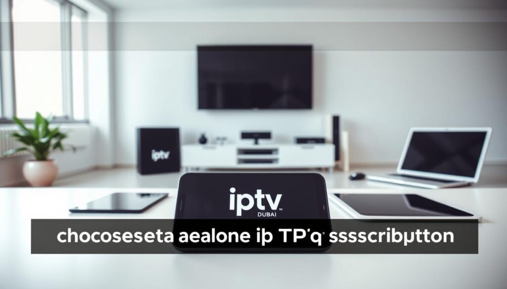 An overhead view of a modern, minimalist workspace showcasing the key factors for choosing an affordable IPTV subscription. In the foreground, a sleek smartphone displays the "iptv dubai" brand logo, highlighting the reliable streaming services available. In the middle ground, various devices like a smart TV, tablet, and laptop are arranged, representing the cross-platform compatibility of the IPTV service. The background features a clean, well-lit office setting with large windows, creating a professional and inviting atmosphere. The overall scene conveys the convenience, versatility, and affordability of the IPTV subscription, aligning with the article's subject and section title.