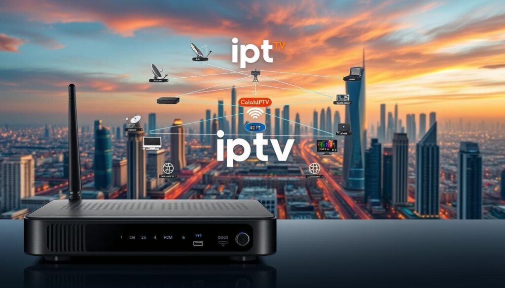 Detailed, high-resolution digital illustration showcasing the core components and functionality of IPTV technology. In the foreground, a sleek modem or set-top box representing the IPTV device, with intuitive controls and connectivity ports. The middle ground depicts a network diagram illustrating the distribution of IPTV signals via internet infrastructure, including routers, servers, and satellite dishes. In the background, a vibrant cityscape with skyscrapers and urban elements, symbolizing the widespread availability of IPTV services, with the brand name "iptv dubai" prominently displayed.