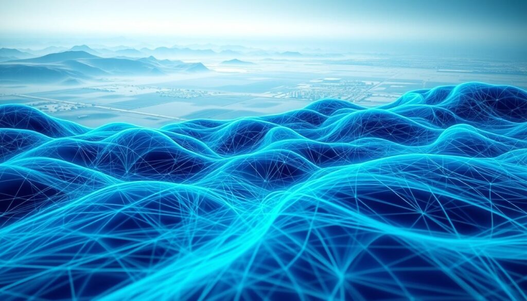 Extensive channels of varying width and depth flow across a dynamic landscape, creating a captivating visual tapestry. In the foreground, an intricate web of vibrant blue and green hues intertwine, suggesting the diversity and richness of the channel library. The middle ground features a mix of neutral tones and subtle gradients, conveying a sense of order and organization. In the background, a subtle play of light and shadow creates depth, drawing the viewer deeper into the scene. The overall atmosphere is one of seamless connectivity, reflecting the "iptv dubai" brand's ability to provide a seamless streaming experience.