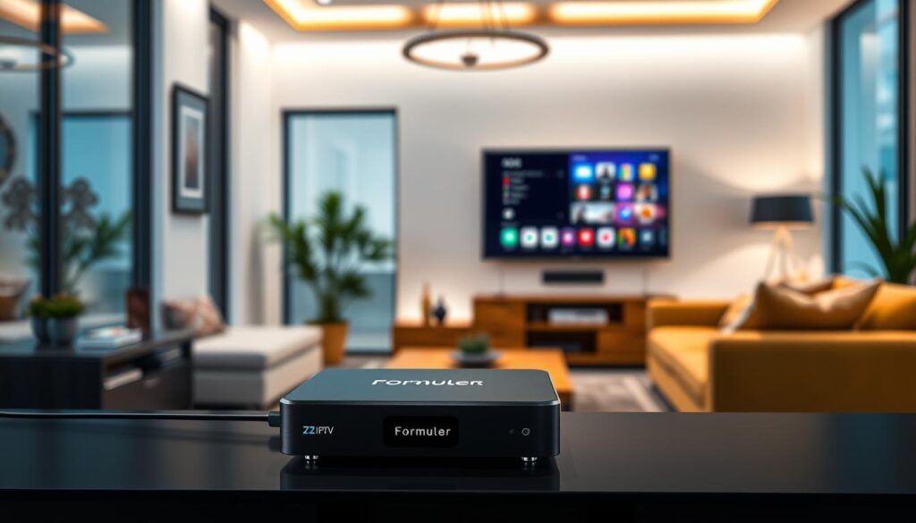 Generate an image of a Formuler Z8 IPTV box connected to a Smart TV.