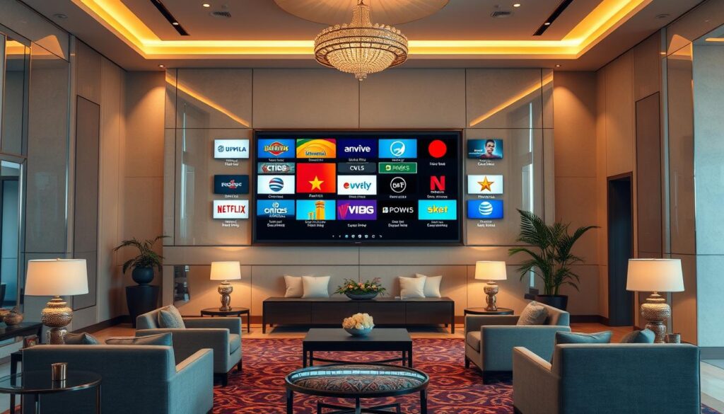 Generate an image of a hotel lobby with a screen displaying various international channels.