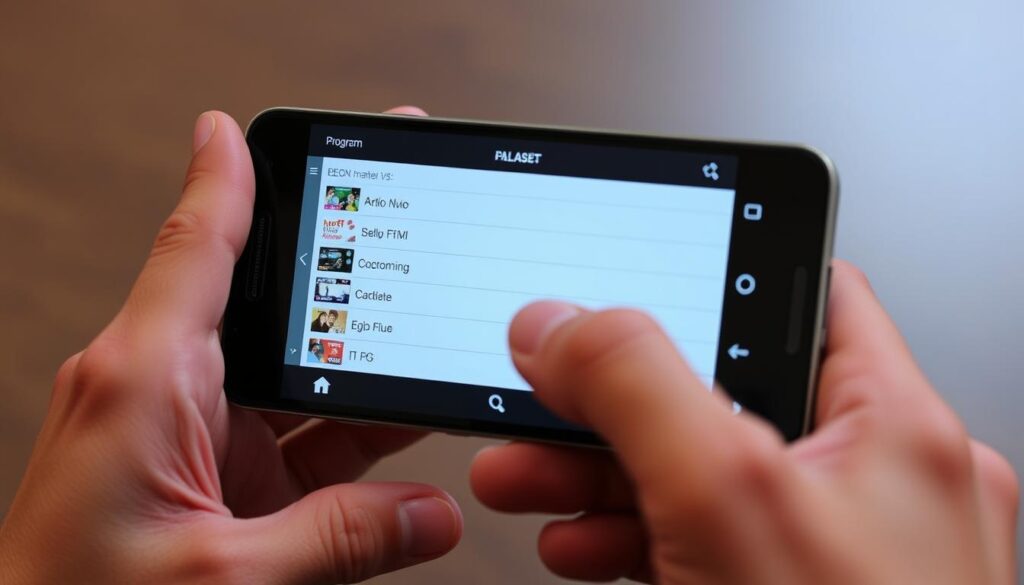 Generate an image of the IPTV Smarters Player app on an Android smartphone, highlighting its EPG feature.