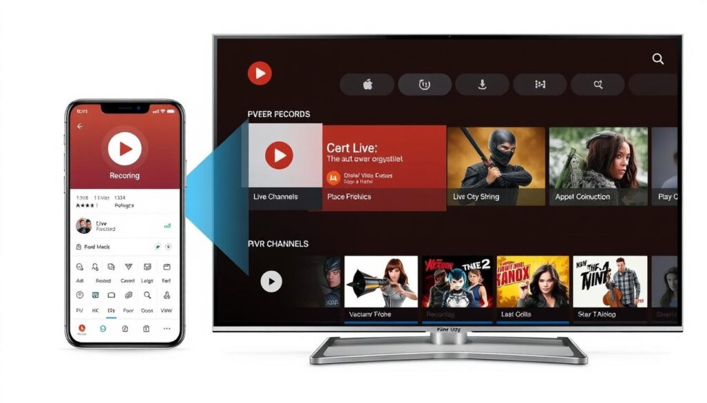 Generate an image of the PVR Live app interface, demonstrating its recording feature and integration with Android TV's Live Channels app.
