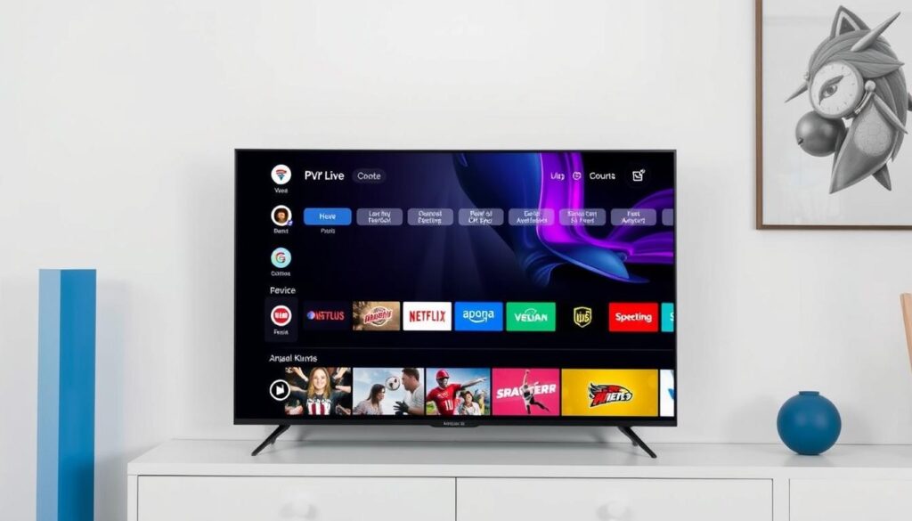 Generate an image of the PVR Live app interface on an Android TV screen.
