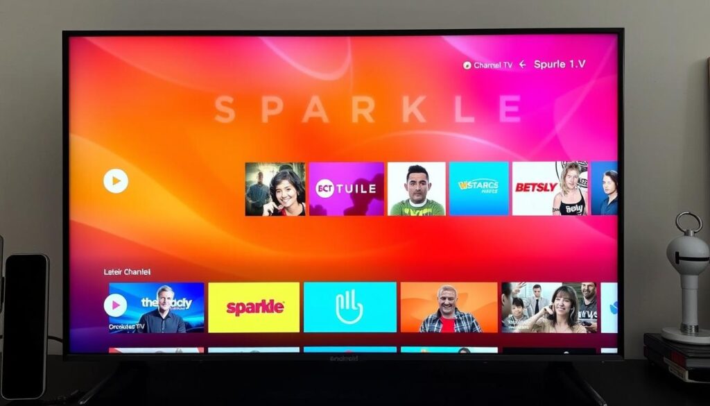 Generate an image of the Sparkle TV app interface on an Android TV screen, showcasing its user-friendly layout and various channel options.