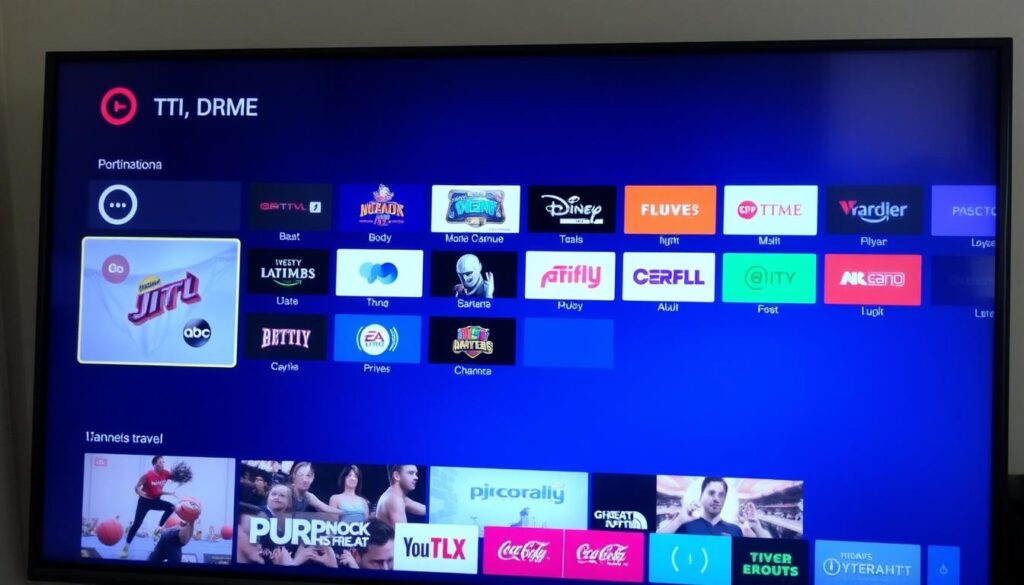 Generate an image of the TiviMate IPTV Player interface on an Android TV screen, showcasing its user-friendly layout and various channel options.