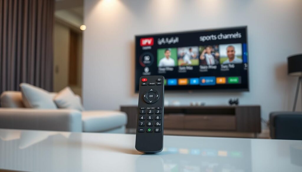 High-quality 4K image of a modern IPTV remote control with the "iptv dubai" brand name displayed prominently on the device. The remote is positioned in the foreground, with a blurred backdrop of a living room featuring a large flatscreen TV displaying the "ملف قنوات الرياضية" or sports channels interface. Soft, even lighting illuminates the scene, creating a clean, professional atmosphere. The camera angle is slightly elevated, giving the impression of a lifestyle product shot. The overall mood is one of convenience, technology, and seamless access to premium sports content.