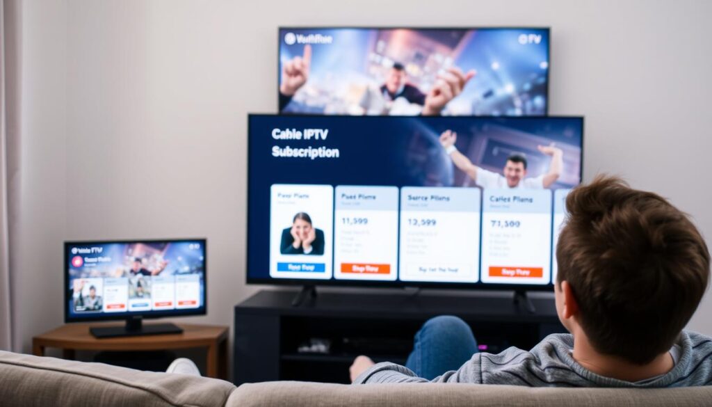 Image of a person enjoying TV on multiple devices with various IPTV subscription plans displayed