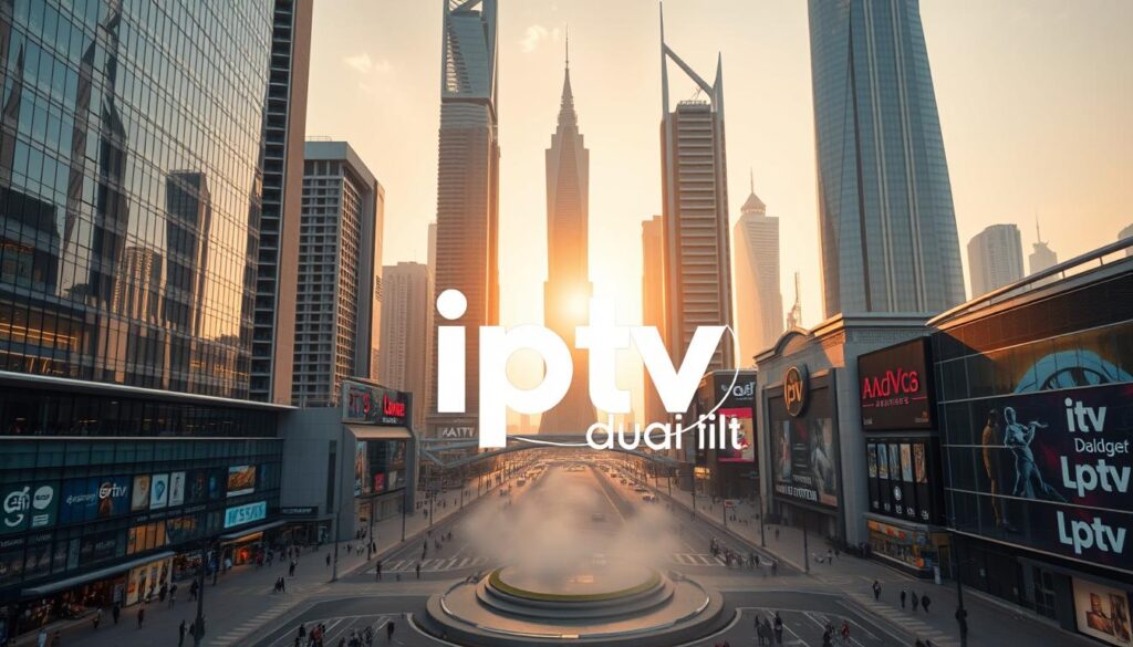 Prompt A seamless entertainment experience in the heart of the UAE, a futuristic cityscape with towering skyscrapers and vibrant cityscapes. Gleaming glass facades reflect the warm glow of the sun, while bustling streets teem with activity. In the foreground, the "iptv dubai" brand logo stands prominently, a symbol of the smooth, uninterrupted streaming experience it provides. The image radiates a sense of modern luxury, with a subtle haze lending an air of sophistication. Captured through a cinematic lens, the scene conveys the idea of a flawless, immersive entertainment ecosystem tailored for the UAE's discerning audience.