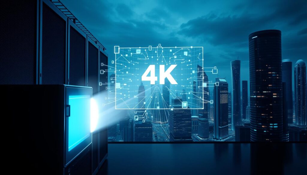 Streaming activation process: A dynamic data visualization showcasing the real-time flow of IPTV dubai content delivery. In the foreground, a sleek server rack emits a soft, pulsing glow, representing the seamless transmission of 4K video streams. The middle ground features a holographic display illustrating the intricate network of connections, with data packets zipping through fiber-optic cables. In the background, a cityscape of skyscrapers reflects the modern urban landscape, hinting at the global reach of this cutting-edge IPTV dubai technology. Dramatic lighting casts dramatic shadows, creating a sense of depth and movement, while a cool color palette evokes the high-tech nature of the scene.