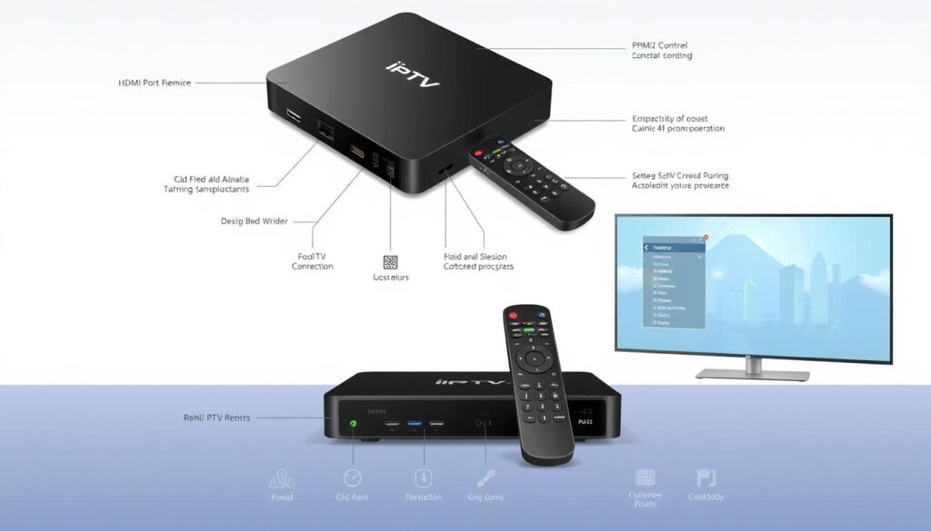 a high-quality, detailed illustration of various features and capabilities of a modern IPTV streaming device, including a sleek and slim body design with clean lines, multiple connectivity ports (HDMI, Ethernet, USB), a remote control, and various on-screen menus and settings interfaces. The device should be showcased in a well-lit, studio-style environment with a slightly elevated angle to highlight its technical attributes. Include subtle branding for "iptv dubai" to represent the regional focus of the article.