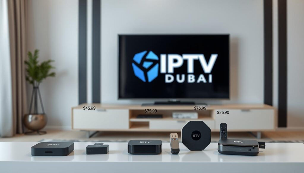 A modern living room with a sleek, minimalist TV stand showcasing an array of popular streaming devices. The foreground features several compact and visually appealing streaming boxes and dongles, their prices prominently displayed in a clean, uncluttered layout. The middle ground includes a large, high-definition television screen displaying the IPTV DUBAI brand logo, showcasing the capabilities of these affordable devices. The background subtly suggests a comfortable, well-lit home environment, creating a sense of accessibility and value. The overall composition conveys a balance of technological innovation and practical affordability, inviting the viewer to consider these streaming options for their home entertainment needs.